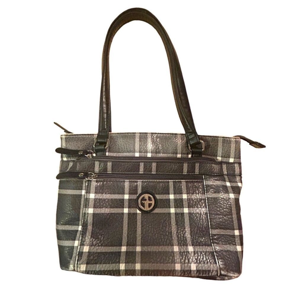 Giani Bernini Pebble Tote Black & White Plaid Faux Leather Shoulder Bag Purse